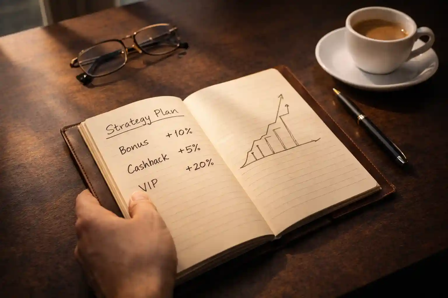 Notizbuch mit handgeschriebener Wettplanung neben einem Stift und einer Tasse Kaffee
